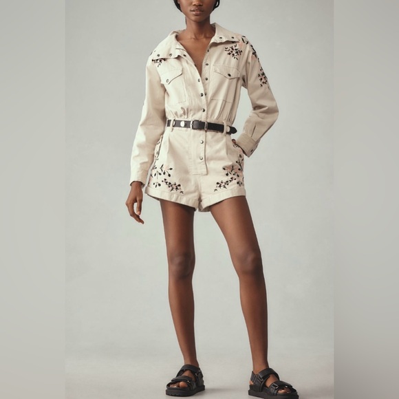 Anthropologie Long Sleeve Embroidered Utility Romper, Size L - Picture 3 of 13